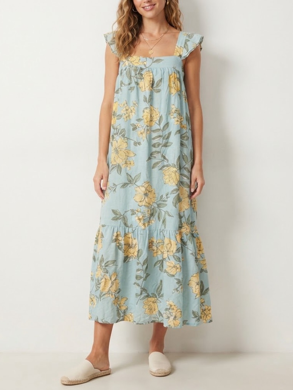 August Sky Ruffle Strap Smocked Midi Dress Blue & Yellow Medium